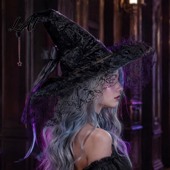 Halloween Night Decorations Witch Hat for Women Lace Wizard with Ribbon Bow Black Party Mesh Veil Costume Accessory Adults Fancy Dress Cosplay