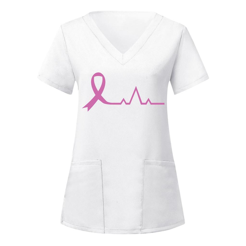 European and American Nurse Caregiver V-Neck Print Shirt with Large Pocket, Short Sleeve T-shirt for Women