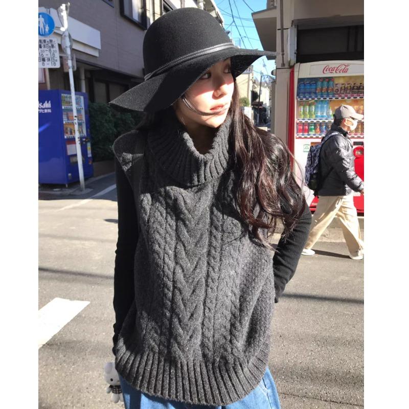 

Модный пуловер без рукавов с высоким воротником и вязаным узором «косы», женский, новый, осенне-зимний, короткий топ-майка, женская свободная простая универсальная одежда one size серый