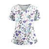 Plus SizePrinted Scrub Working Uniform Tops For Women's Cross V-Neck Halloween Print Short Sleeve Fun T-Shirts Workwear Tee With Pockets