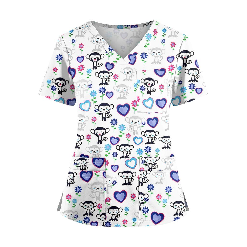 Plus SizePrinted Scrub Working Uniform Tops For Women's Cross V-Neck Halloween Print Short Sleeve Fun T-Shirts Workwear Tee With Pockets