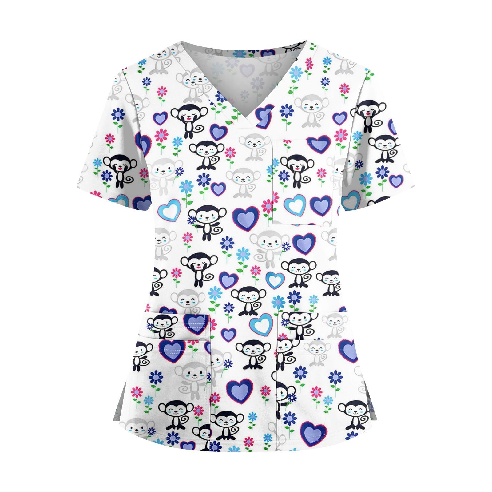 

Плюс размерСкраб с принтом Рабочая форма Топы для женщин Крест V-образным вырезом Хэллоуин Принт с короткими рукавами Забавные футболки Спецодежда Футболка с карманами XL белый