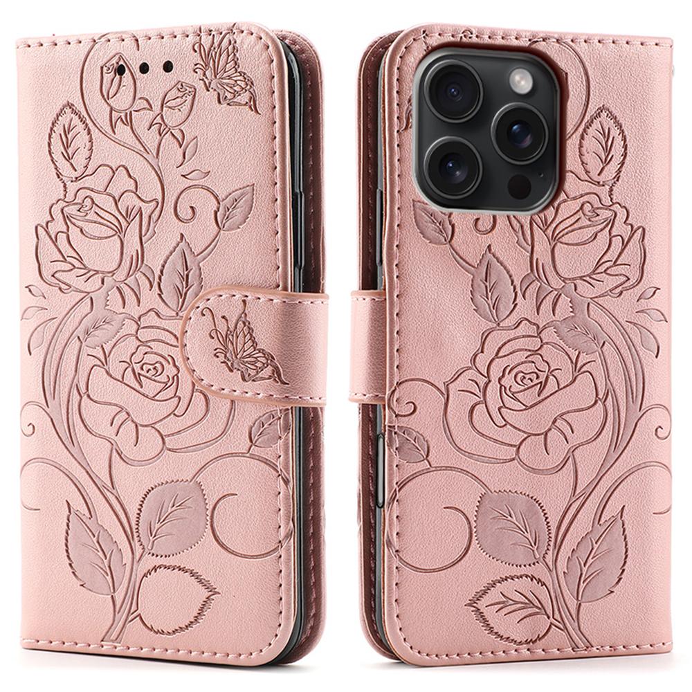 For iPhone 16 Pro Case Wallet Stand Imprinted Rose Butterfly PU Leather Phone Cover