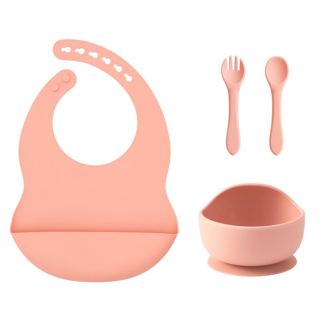 Color Kids 4PCS Silicone Baby Feeding Set With Spoon Bib Suction Bowl BPA Free Toddler Training Spoon Fork Tableware Baby Stuff