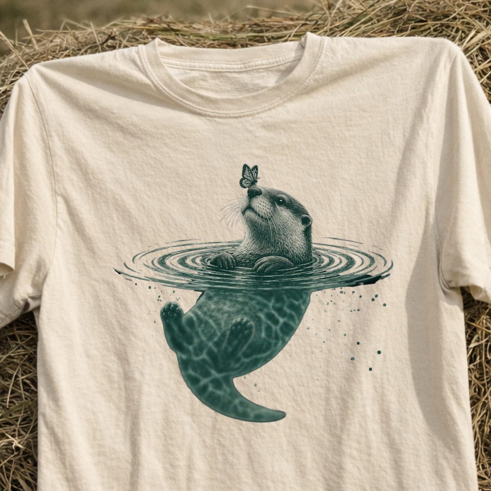 Unique Underwater Otter Illusion Shirt – Floating Sea Otter with Butterfly Graphic Tee 2XL