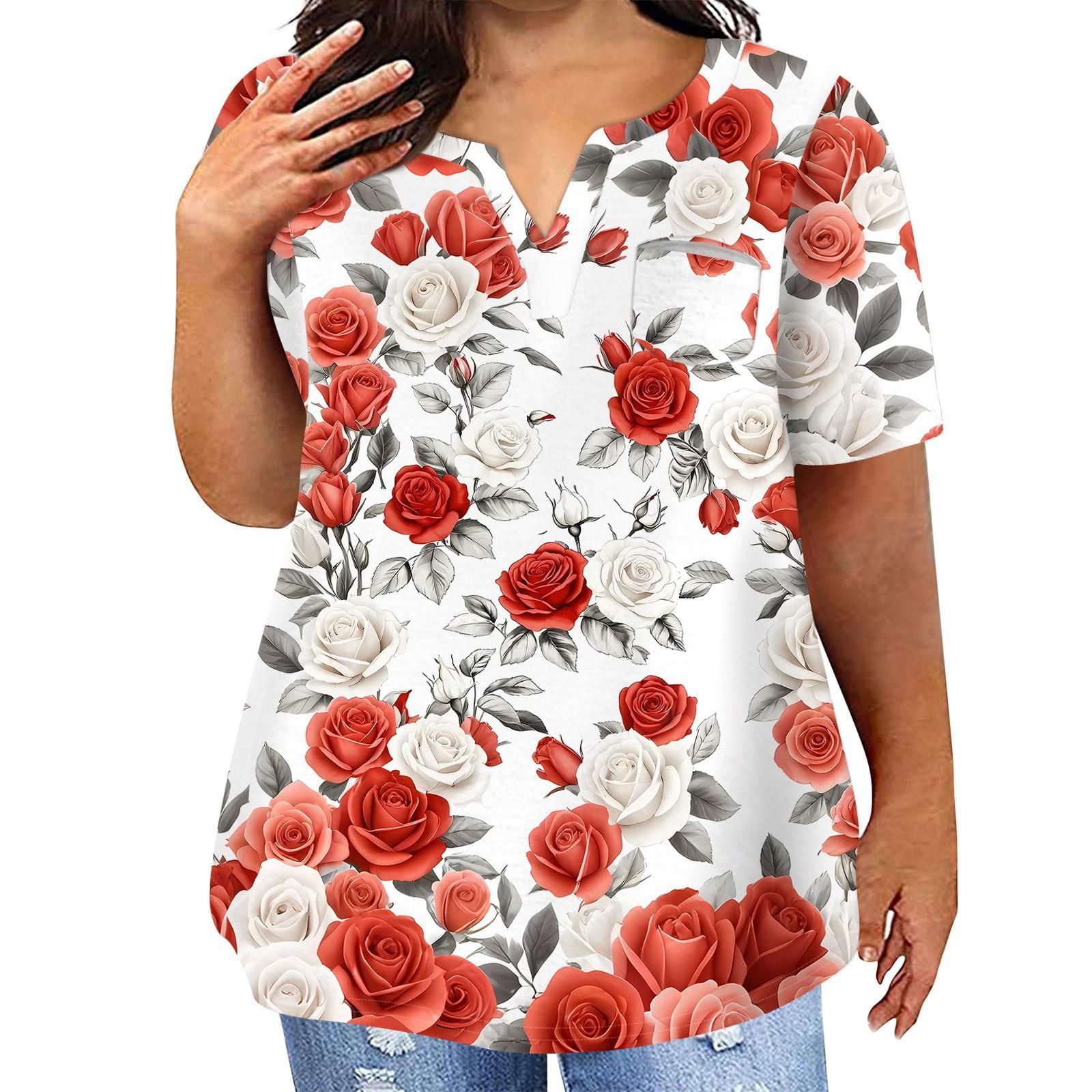 

Женская футболка большого размера, повседневный топ с карманами и V-образным вырезом с короткими рукавами XXXXXL киноварь