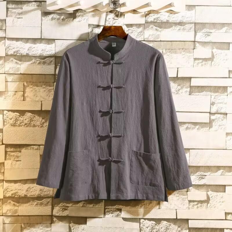 Plus Size Men Cotton Linen Shirt Autumn Spring Men Collarless Long Sleeve Frog Button Loose Blouse Tops Oversized