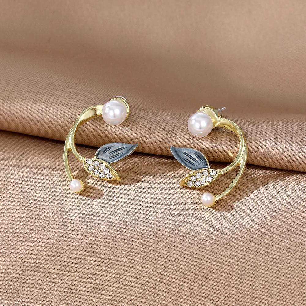 

New Blue Enamel Crystal Leaf Imitation Pearl Stud Earrings Women Korean Design Brincos Zircon Birthday Friend Christmas Gift