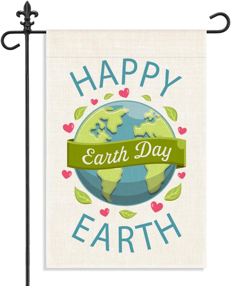 Happy Earth Day Garden ag, 12 x 18 Inch Double Sided Globe Heart Outdoor Yard Decor, Earth Day Gifts for Environmentalist