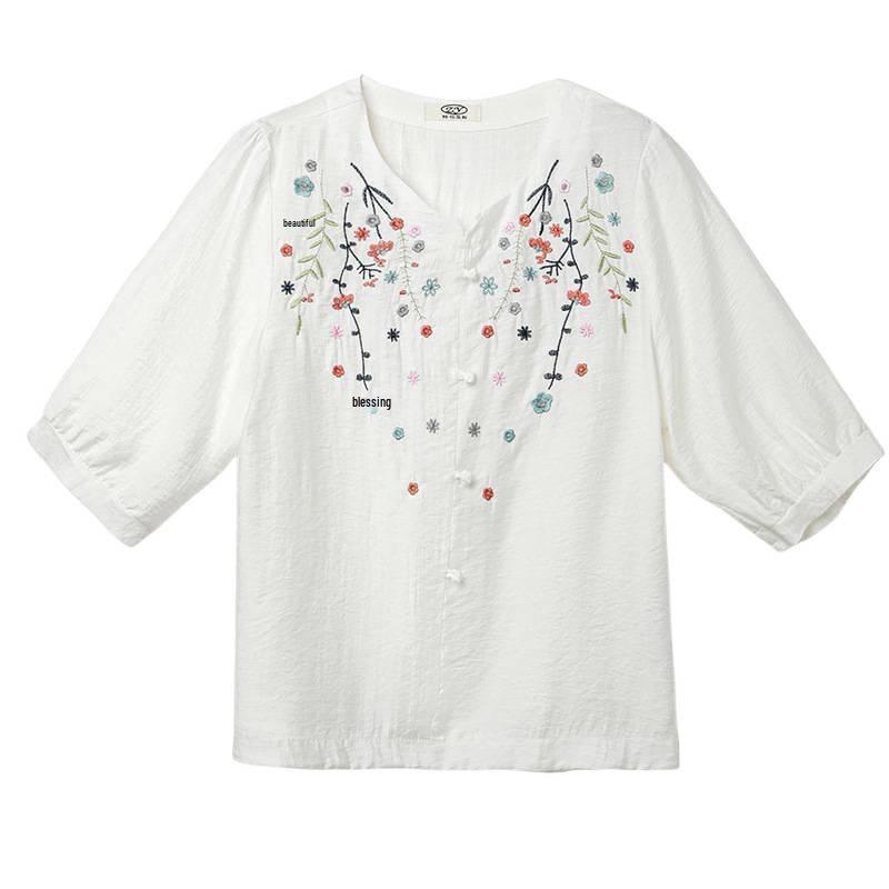 2026 Summer Embroidered Cotton-Linen Top for Slimming and Covering, Ideal for Middle-Aged and Elderly Women
