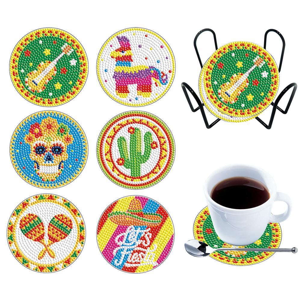 6 stuks Diamant Schilderen Onderzetters Kits met Houder Houten Papegaai Aardbei Dwerg Hippie Skelet voor Feest Huisdecoratie Knutselen