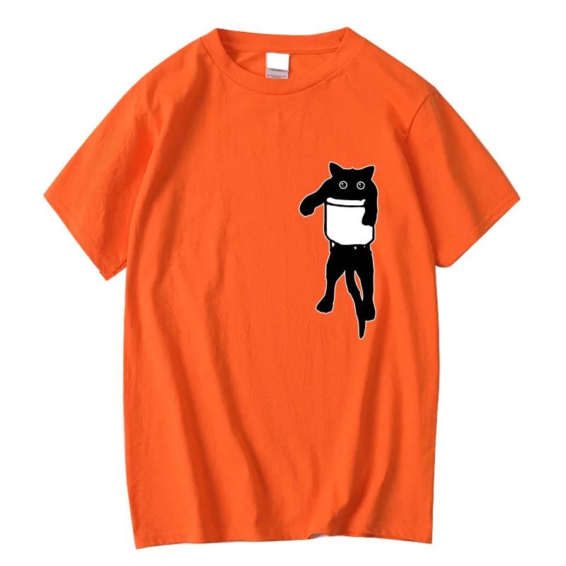 Men's High Quality T-shirt 100% Cotton Funny Pocket Cat Print Summer Loose Cool O-neck T Shirt for Men Short Sleeve Male Tees