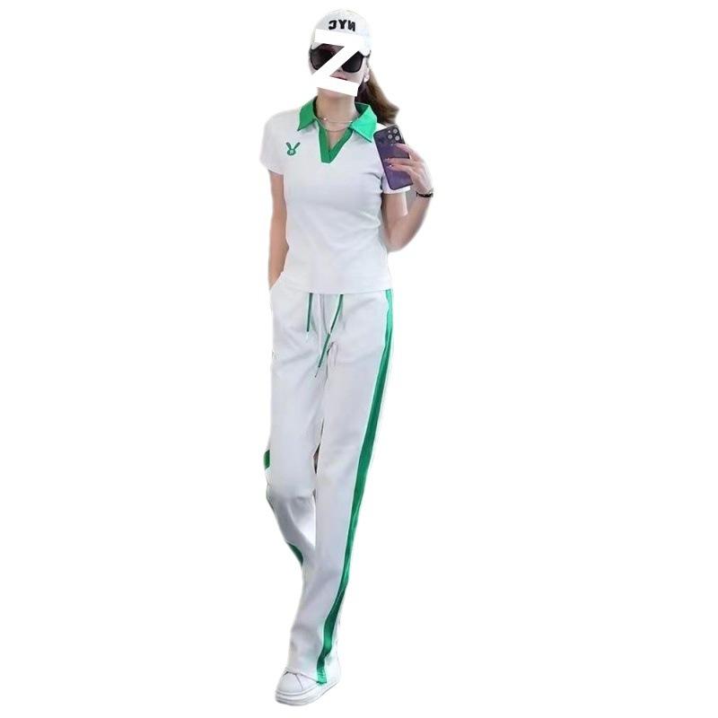 Casual Sports Suit for Women, Summer Temperament, Fashionable Style, Age-reducing Short-sleeved Wide-leg Pants Two-piece Set