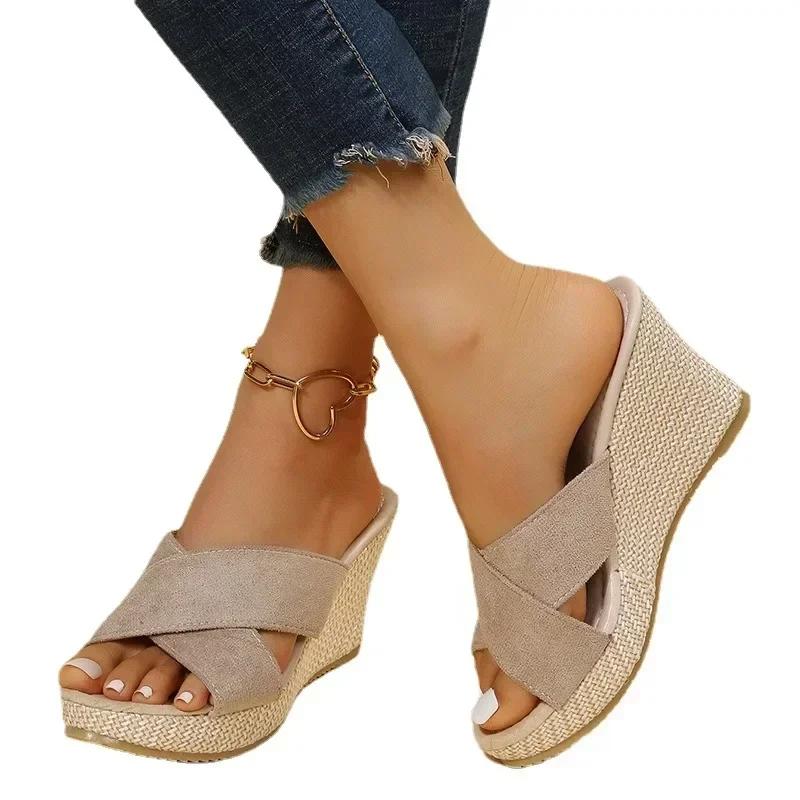 Pantofi de vară la modă pentru femei, noi, cu vârf deschis, sandale cu platformă cu pană pentru femei, papuci de exterior casual pentru femei, papuci cu toc înalt pentru femei, sandale pentru femei