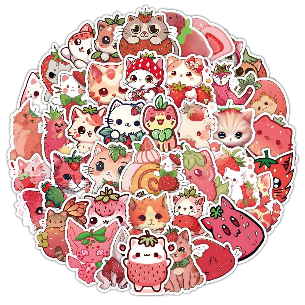 10/30/50pcs Kawaii Cute Cartoon Strawberry Cat Stickers Decals for Kids Toy Water Bottle Scrapbook Phone Case Graffiti Sticker