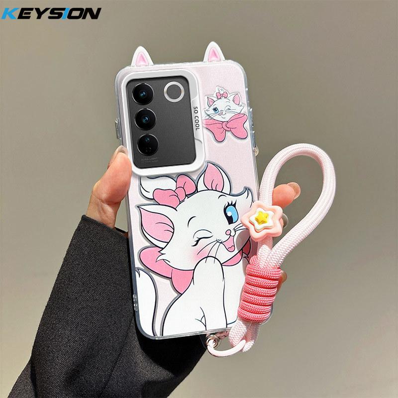 KEYSION Cute Ear Cartoon Case for VIVO Y100 5G with Lanyard Soft Silicone+PC Shockproof Phone Back Cover for VIVO Y100