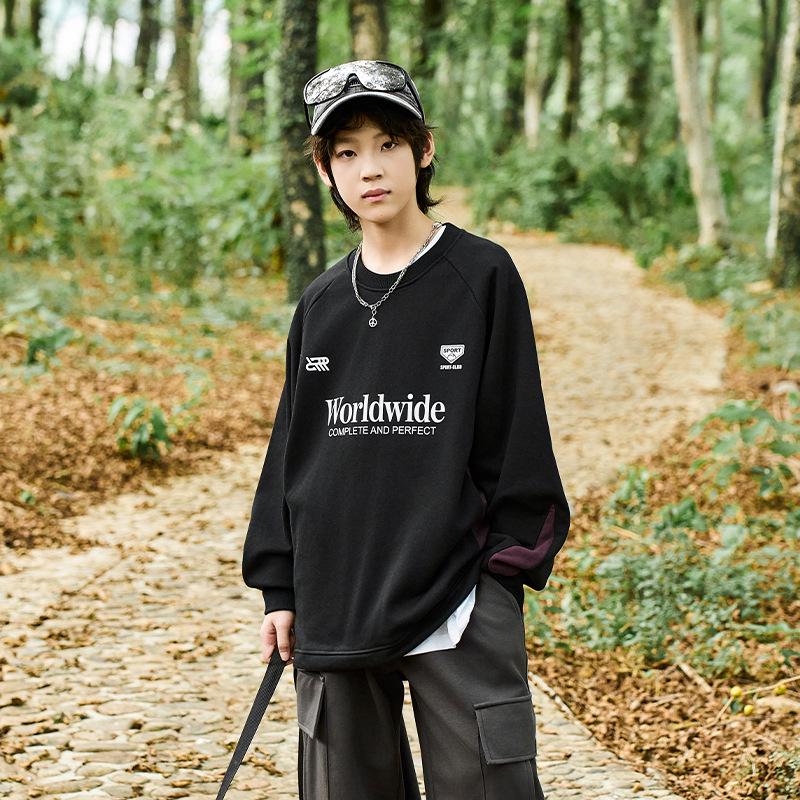 

2025 Autumn Boys Color Block Fleece Pullover - American Minimalist Design 150 cm чорний