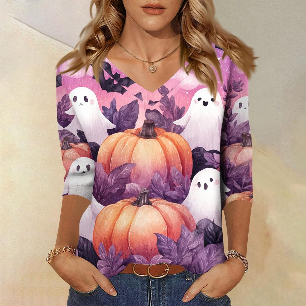 Womens Casual Halloween Print V Neck Three Quarter Sleeve Top Lightweight Soft Fabric Relaxed Fit Pullover Shirt