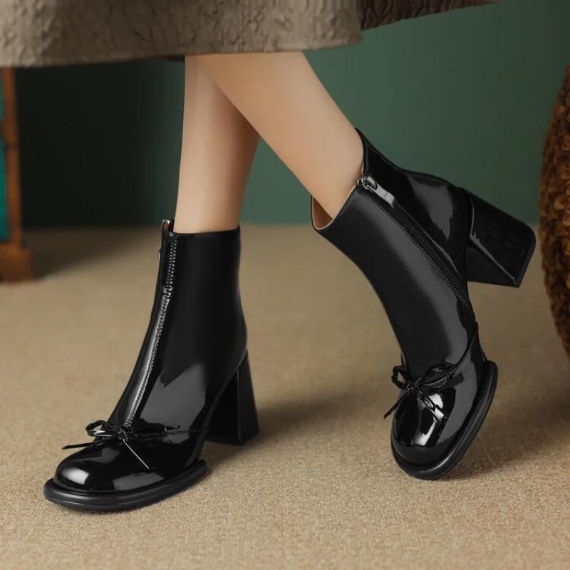 Spring and Autumn New Style Bow Round Toe Square Heel Zipper Short Boots Elegant Sexy Temperament Casual Fashion Women's Boots