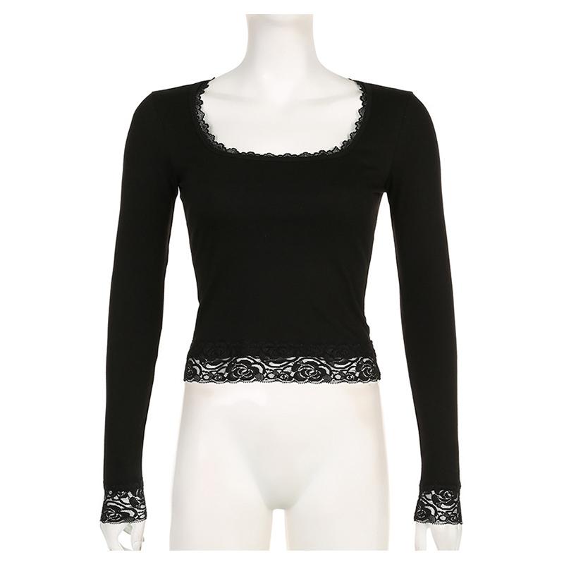 Grafisk T-skjorte fra 2000-tallet Vintage Fairy Grunge Kvinner Høst Blondestrim Langermet Slim Fit Topper y2k Klær Basic Harajuku T-skjorter