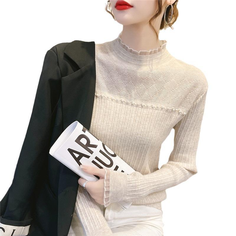 Pulover de damă de toamnă și iarnă cu mărgele pentru unghii, călduros, dintr-o singură piesă, din catifea, cu gât semi-înalt și bază tricotată cu bordură groasă din dantelă