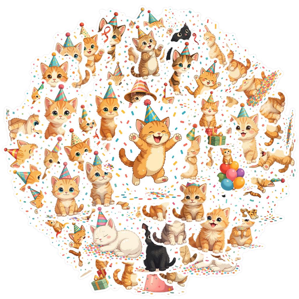 35-70pcs Adorable Birthday Cat Stickers With Party Elements Meme Graffiti Sticker Phone Guitar Laptop Notebook Waterproof Decals