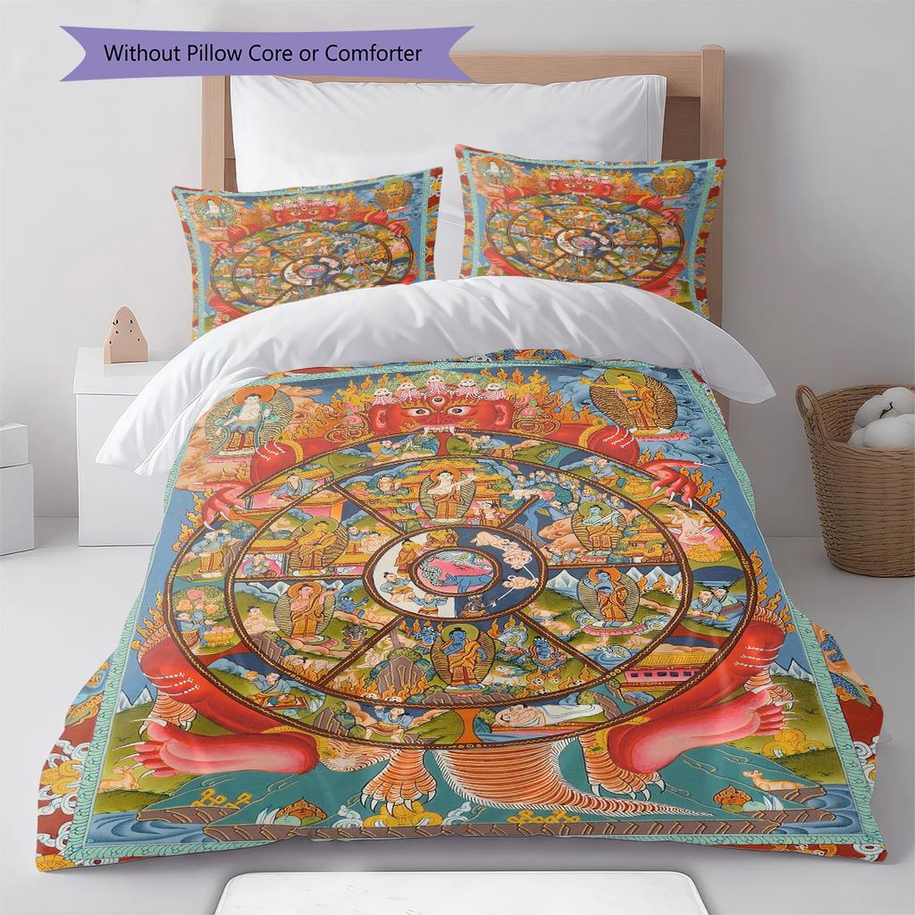 Buddhism Wheel Pattern Bedding Quilt Set Quilt Cover Pillowcase Home Decoration Gift (1 * duvet cover + 2 * pillowcase, without core)