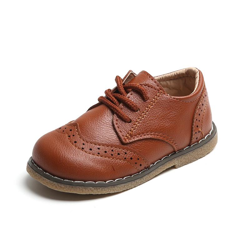 Boys' Soft Sole Leather Retro Brogue Shoes with Laces – Spring/Autumn Style