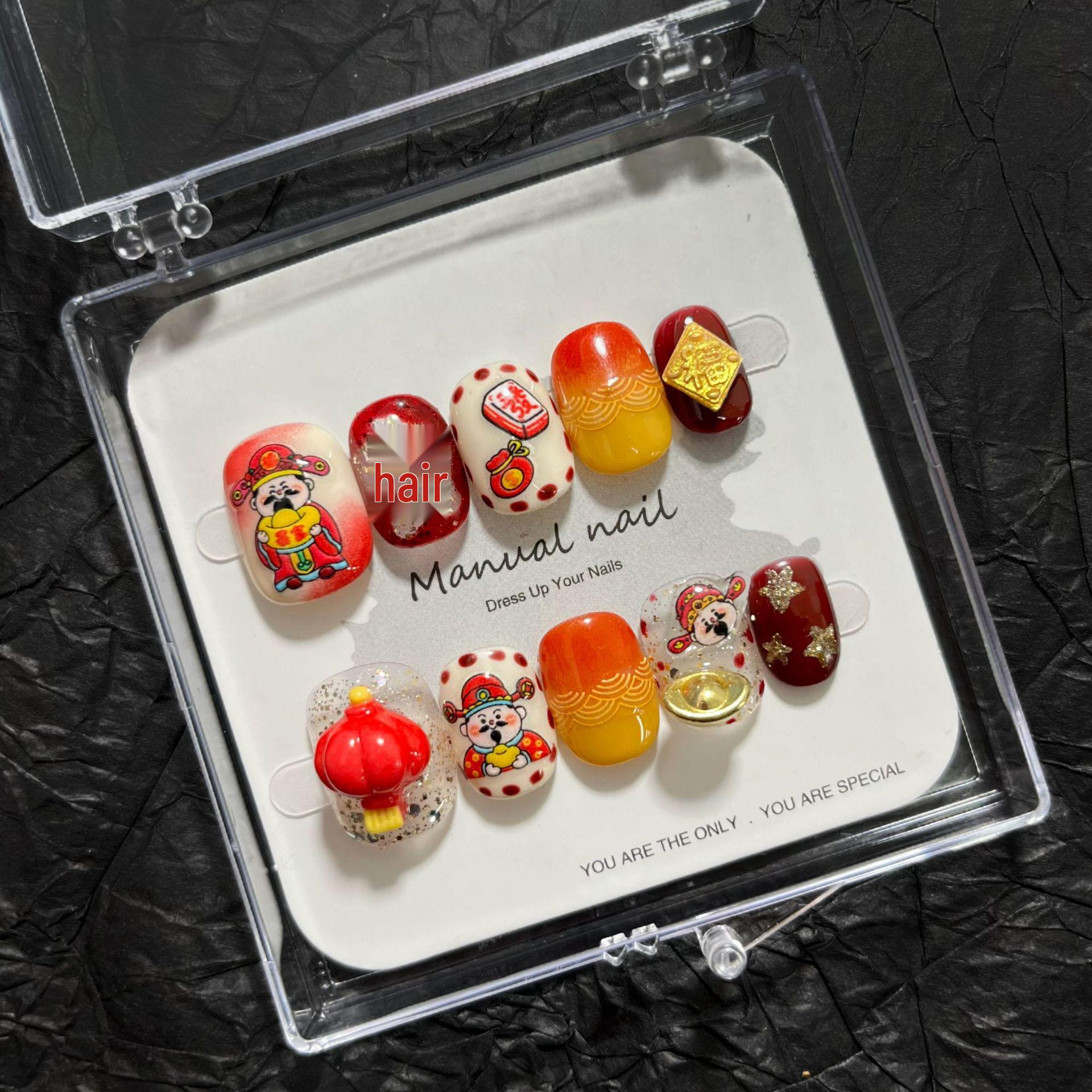 New Year Style: Handmade Cartoon Girl Wearable Nail Art Stickers - Short Round Design, Removable A687 XS