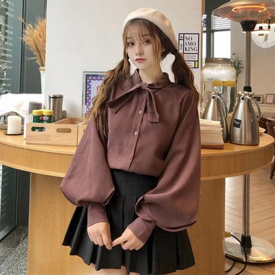 Shirts Women Bow Kawaii College Autumn Korean Style Elegant Solid Lantern Sleeve Simple  Streetwear Loose Fashion Tops Blouses