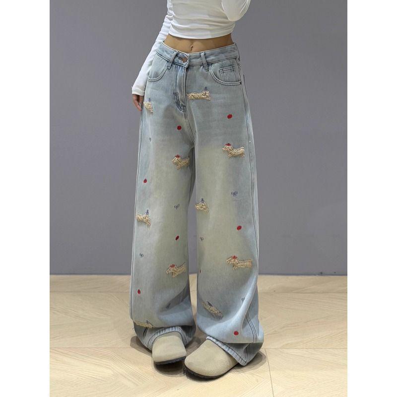Women's High-Waisted Retro Dachshund Embroidery Wide-Leg Jeans - Slimming, Warm, Plus Velvet, Early Winter Style
