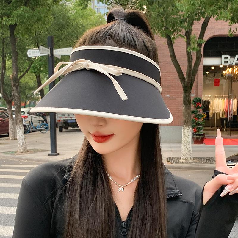 Sweet bow strap sunscreen hat women's summer cycling big eaves ice silk anti-ultraviolet sunshade empty top hat