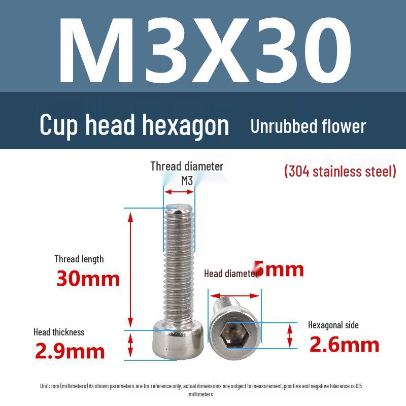 Yigu 304 Stainless Steel Socket Head Cap Screw, M2-M6 Cylindrical Head, Full Thread, Non-Knurled