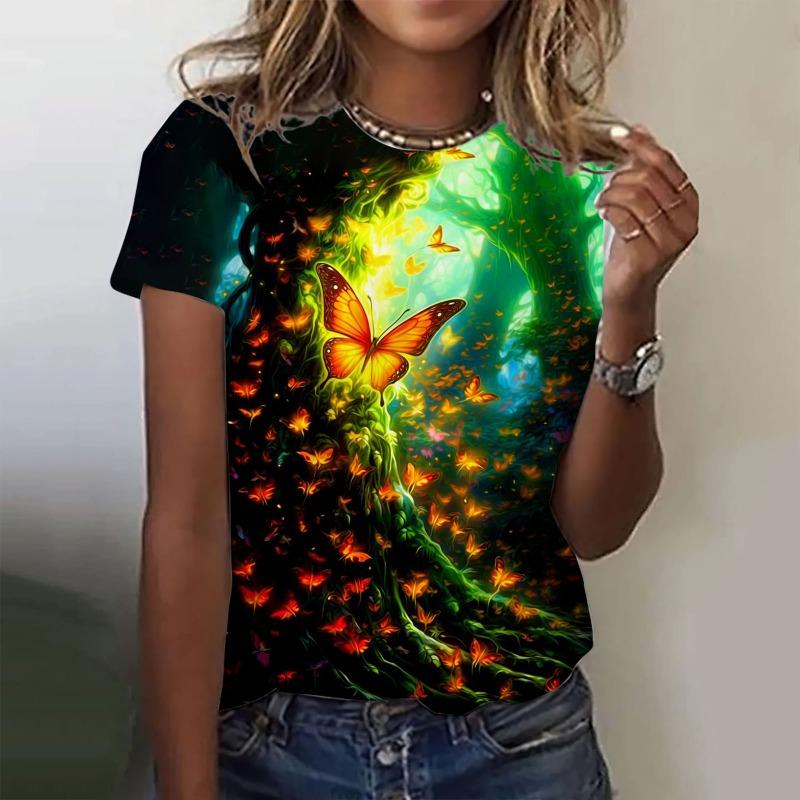 Summer Colorful Butterfly Floral T-shirt 3D Print Women Short Sleeve T Shirts Streetwear Harajuku Y2k Tops Woman Tees Clothing