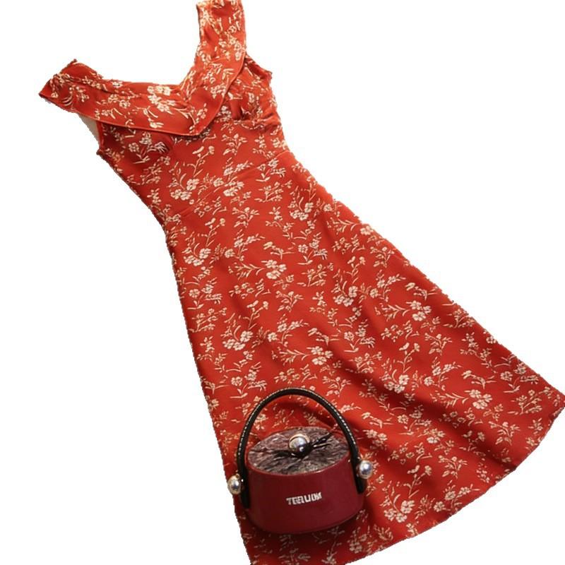 Suspender dress design sense Muse Fan retro floral hip-wrapped long dress temperament super fairy red sleeveless ruffle edge