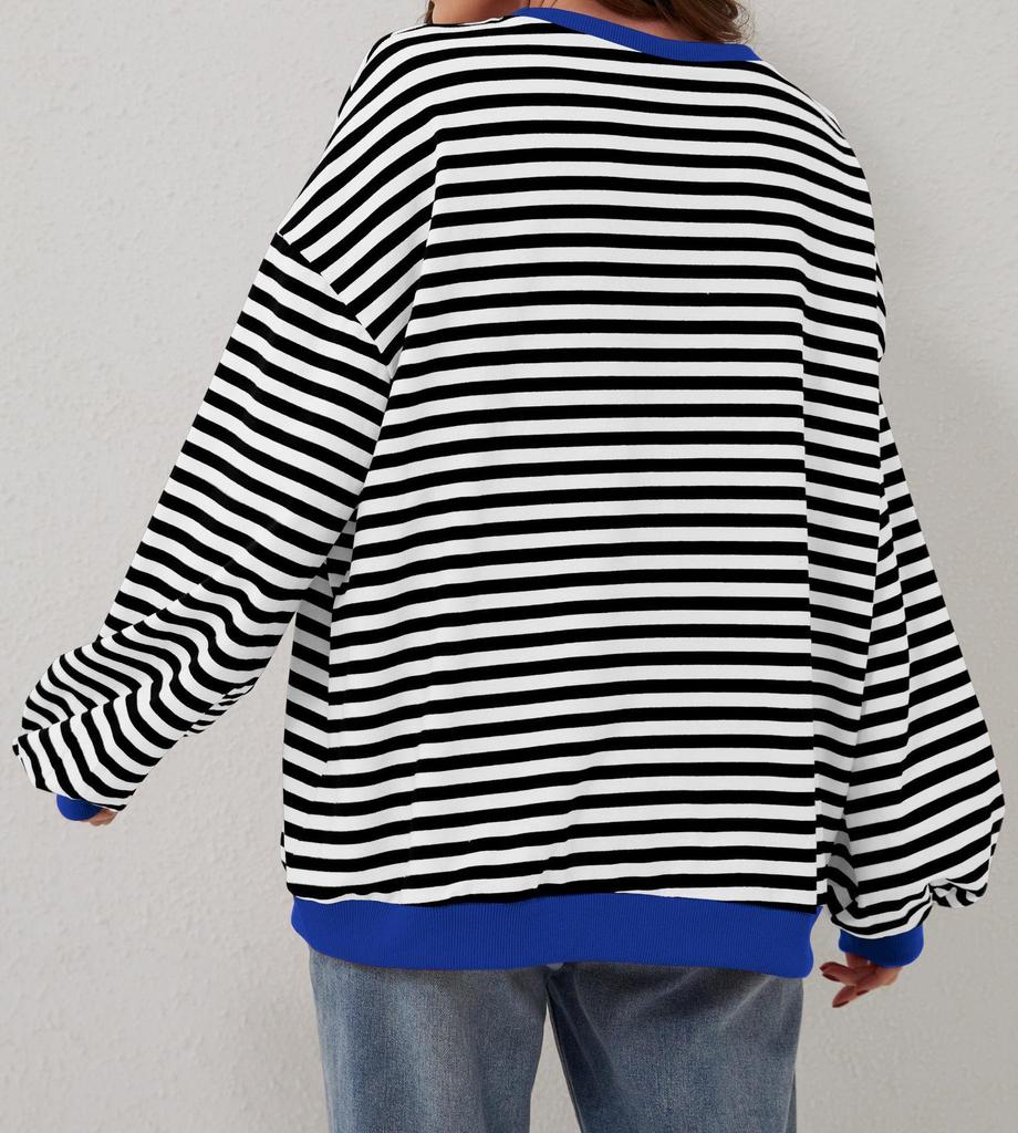 2026 Spring Striped Floral Round Neck Long Sleeve Color Block Hoodie