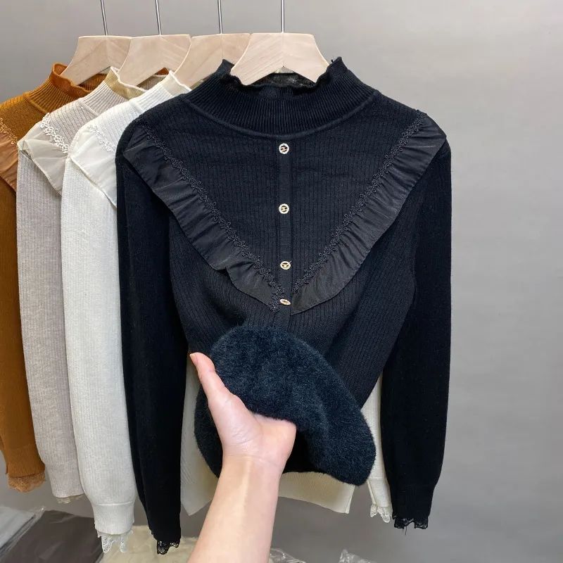 Women Ruffles Lace Patchwork Cashmere Sweater Autumn Winter Casual Knitted Jumpers Long Sleeve Slim Pullovers