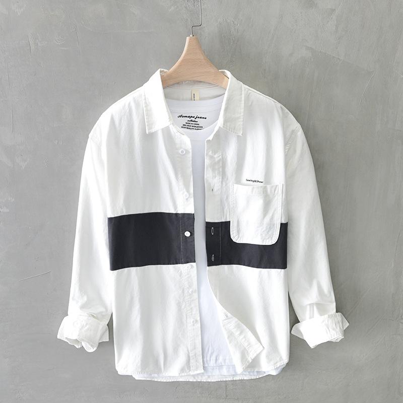 

Мужская рабочая одежда в японском стиле, весна/осень, повседневная свободная рубашка с длинным рукавом из чистого хлопка, популярные молодежные рубашки с карманом M белый