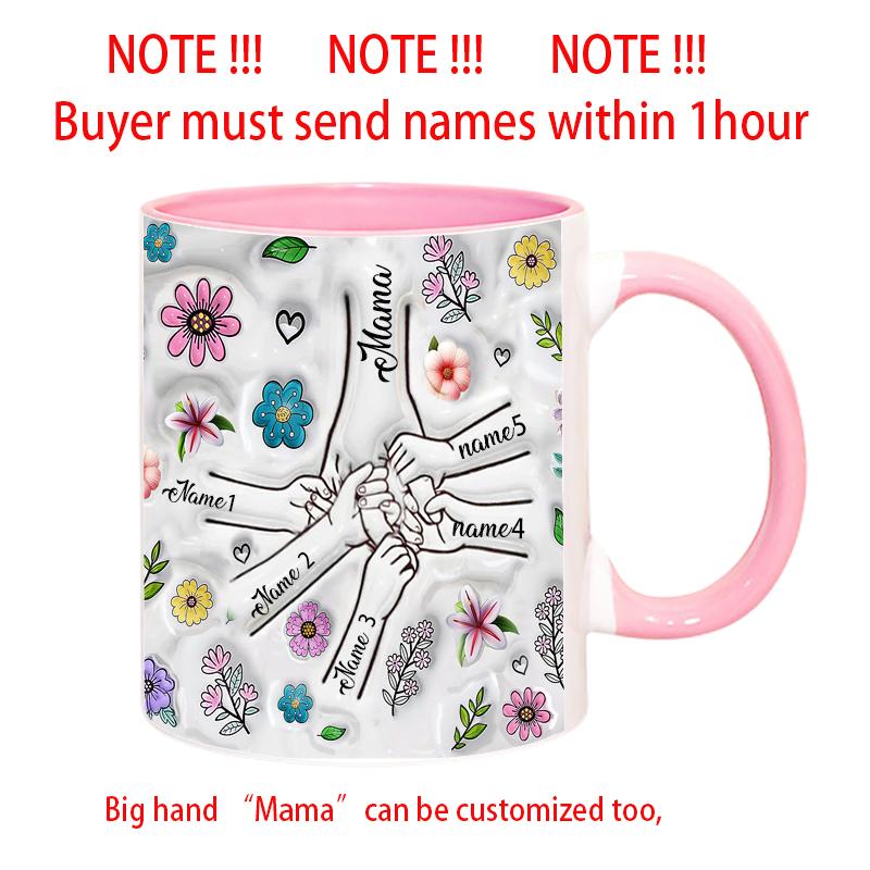 Personalize Name Mug Customize 3D Effect Printing Flowers Cup Holding Hands Coffee Mugs For Children and Mother's Day Gifts