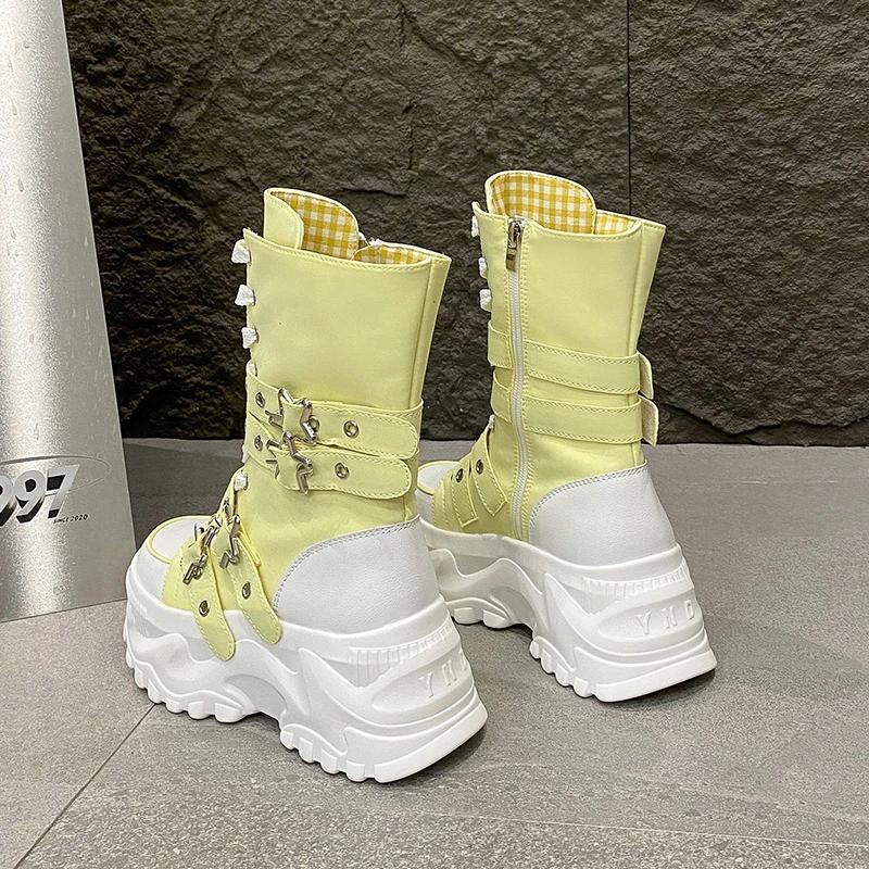 Fashion 8CM Women Chunky Mid-Calf Boots New Autumn Canvas High Platform Round Toe Buckle Ladies Shoes Motorcycle Boots Winter Sneakers