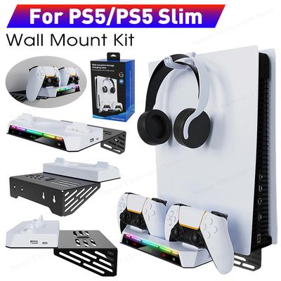 For PS5 and PS5 Slim Disc & Digital Version Wall Bracket with Dual Controller Charger RGB Light Metal Wall Hanging Charger Stand