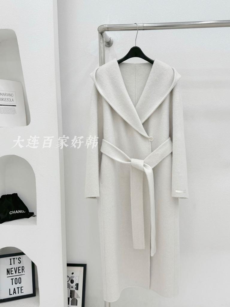 Hooded Lazy Loose Double-sided Wool Coat Lace-up Bathrobe Long Coat Autumn and Winter 25 New Women's Black and White Gray