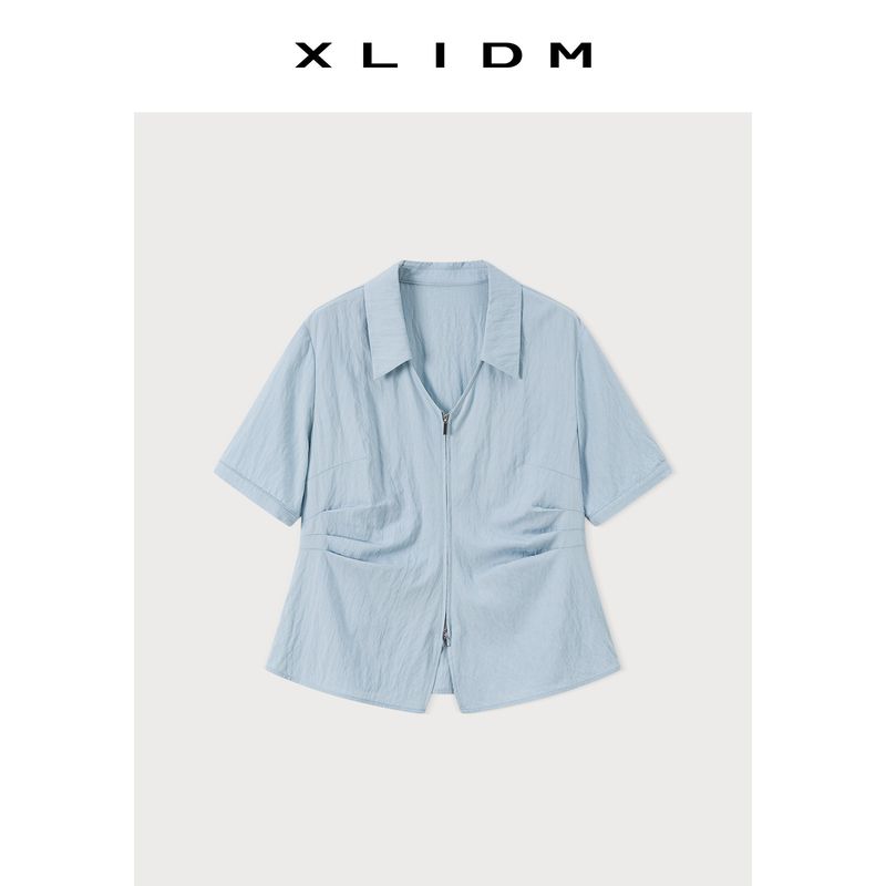 

Xiaoli Plus Size Women s Double-Headed Zipper Vertical Smooth Texture Split V-Shaped Lapel Crimp Waist-Tight Slim Looking Shoulder Shirt