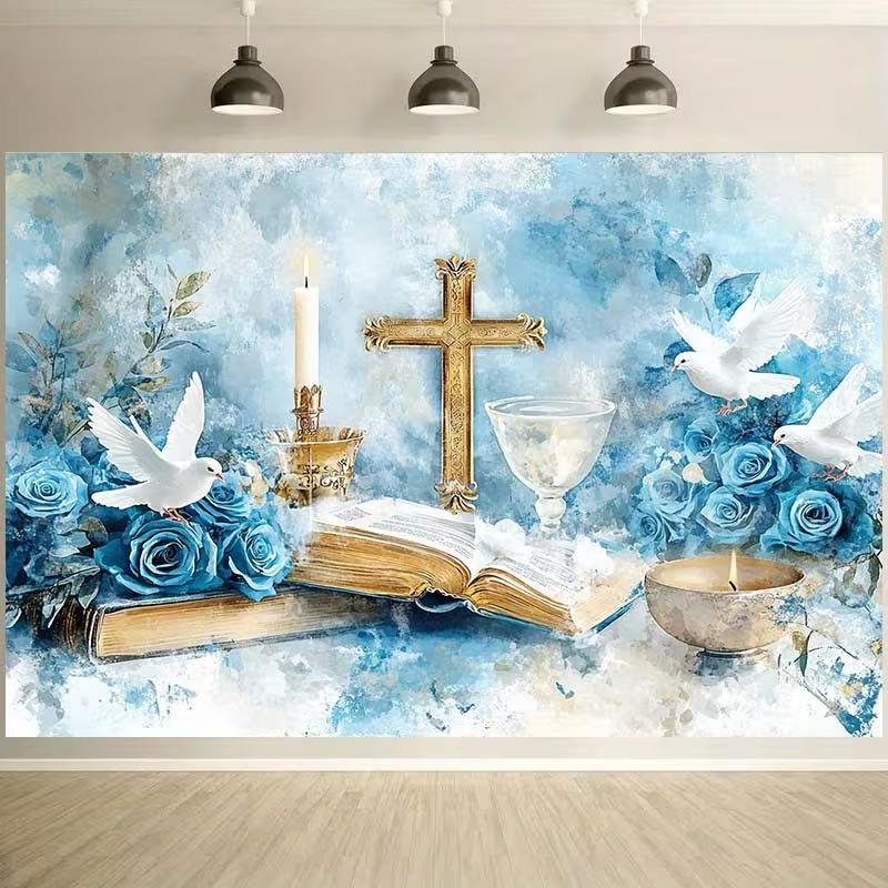 Holy Communion Tapestry, Watercolor Blue Floral with Cross, Bible and Candles for Baptism Party Decor