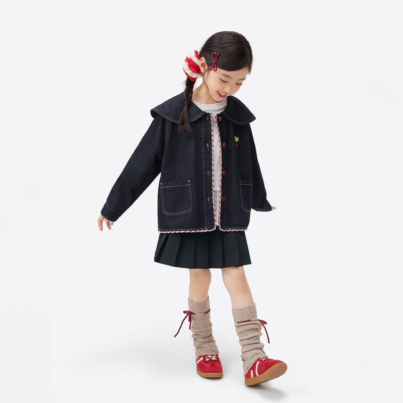 Girls' Denim Jacket with Cat Pattern and Doll Collar