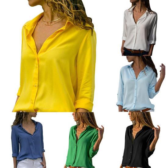 Women Sexy Buttons V Neck Solid Color Shirt Casual Autumn Long Sleeve Blouse