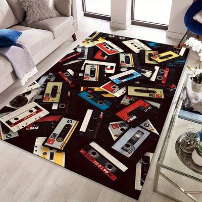 Retro Cassette Tape Design Area Rug - Non-Slip, Durable Polyester Floor Mat with Vintage Music Recording Aesthetic for Living