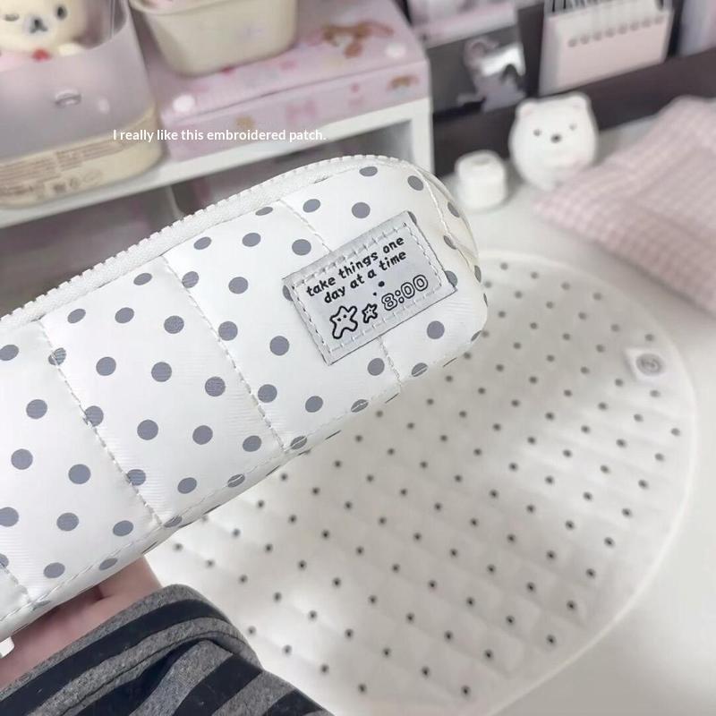 White Padded Polka Dot Pencil Case Large Storage Cute Design Perfect For Students School Stationery Organization