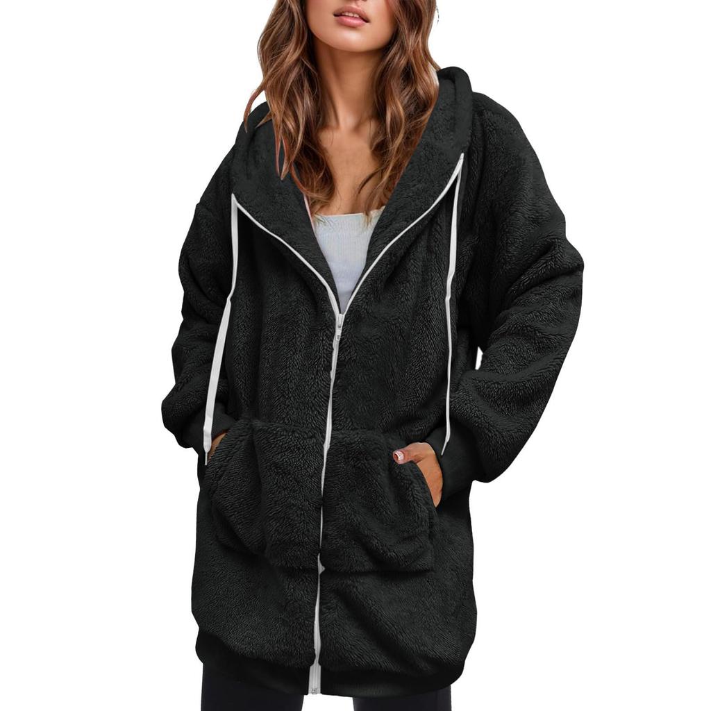 Women's Fashionable Coat Solid Color Long Sleeved Hooded Drawstring Pocket Zipper Long Warm Jackett