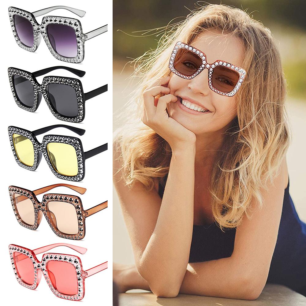 Retro Crystal Big Square Frame Sun Glasses Square Sunglasses Eyewear Oversized Sunglasses